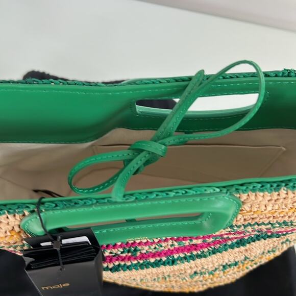 NWT $385 MAJE MEDIUM Vert Casino leather straw bag w/ strap and top handle - Picture 12 of 16